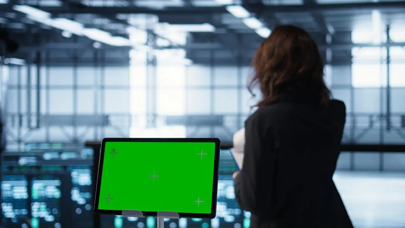 Крупный план хромакейного планшета и программистов, работающих в команде в серверной.