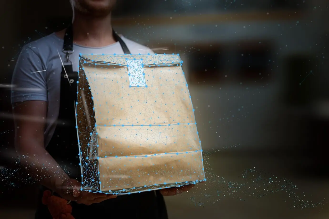 Доставка и логистика на виртуальном интерфейсе сенсорного экрана. Концепция информационных технологий и коммуникационная метафора защиты конфиденциальных данных при передаче.